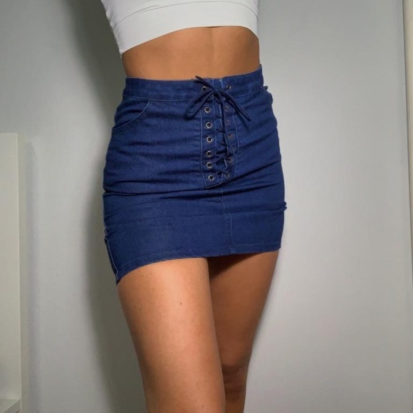 Forever 21 Blue Lace Up Mini Skirt High Waist Bodycon Womens Size Small - Picture 2 of 11